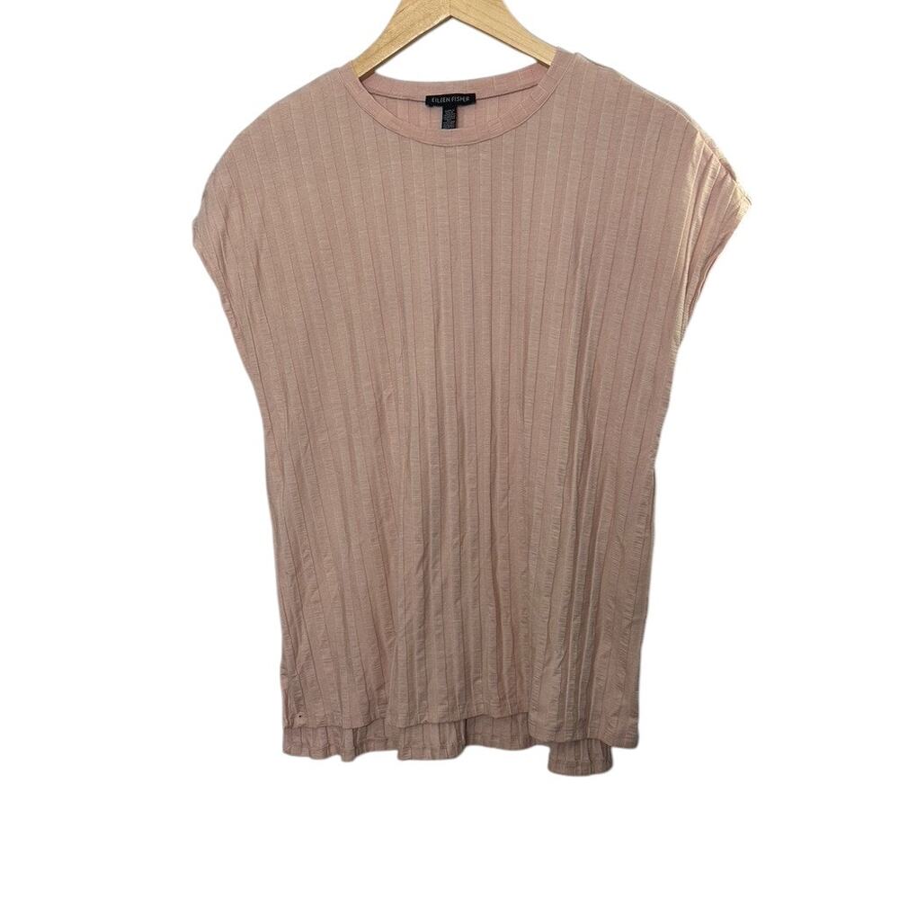 Eileen Fisher Cap Sleeve Pink Ribbed Stretch Top Blouse Women's Size Medium